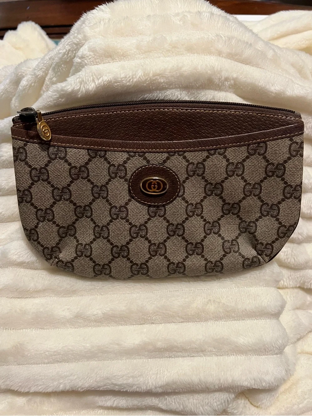 Vintage Gucci Brown GG Logo Canvas and Leather Cosmetic Bag